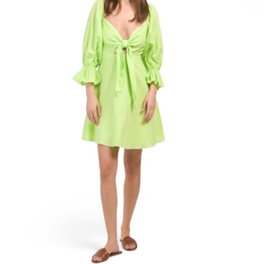 CHARLIE HOLIDAY Green Linen Blend Sonny Tie Front Mini Dress Lime Green